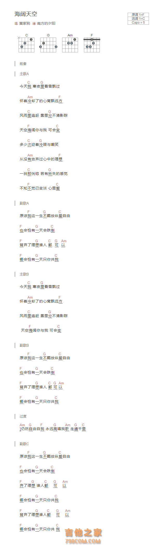 海阔天空吉他谱和弦版 黄家驹