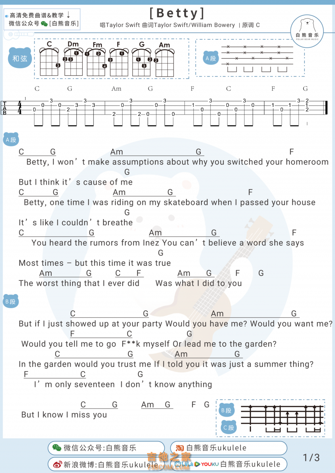 Taylor Swift《betty》尤克里里谱