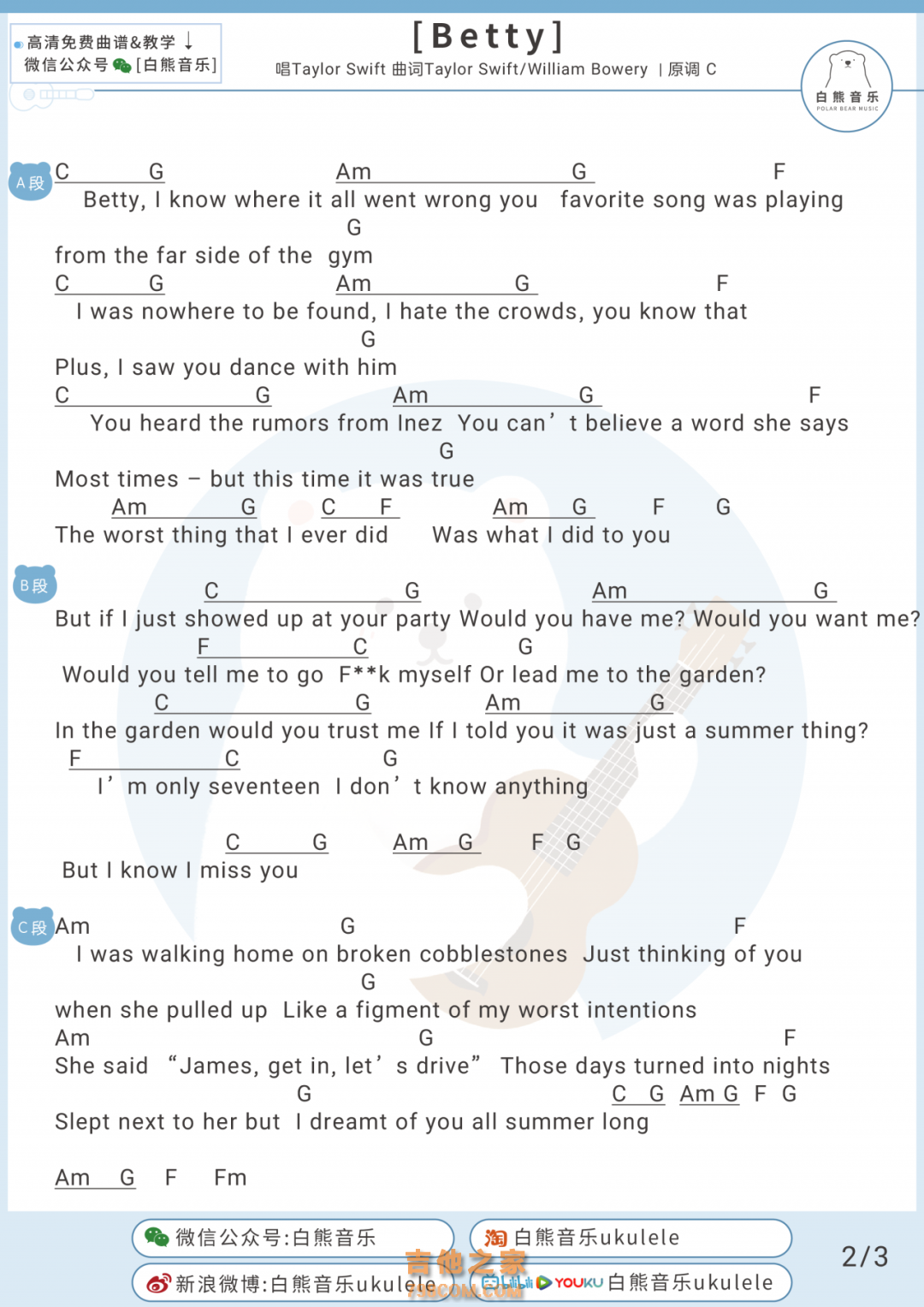 Taylor Swift《betty》尤克里里谱
