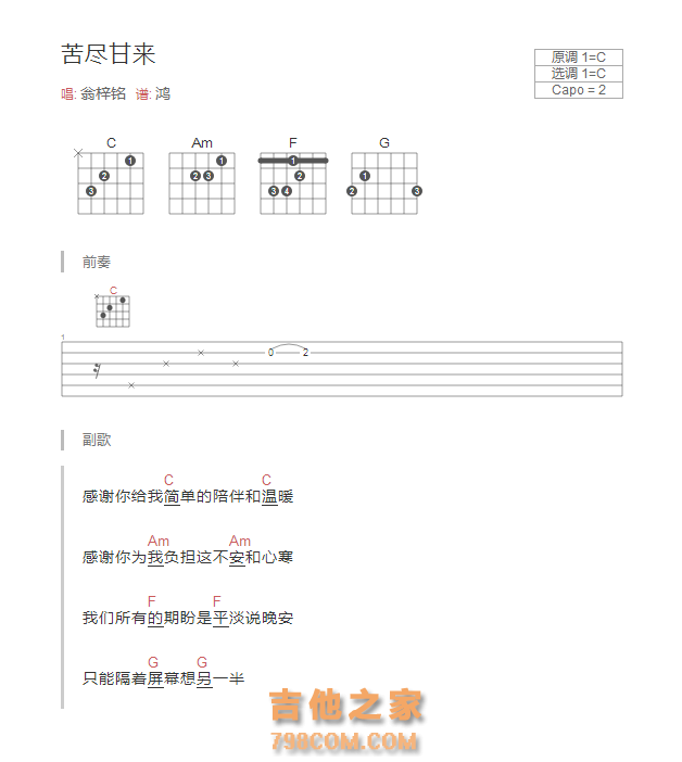 苦尽甘来吉他谱C调和弦版 翁梓铭