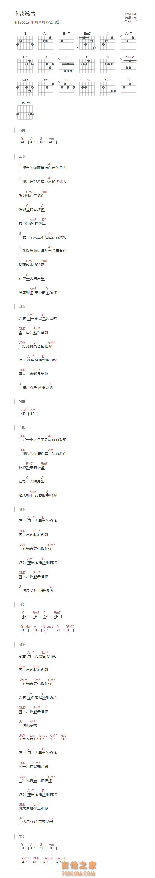 不要说话吉他谱和弦版 陈奕迅