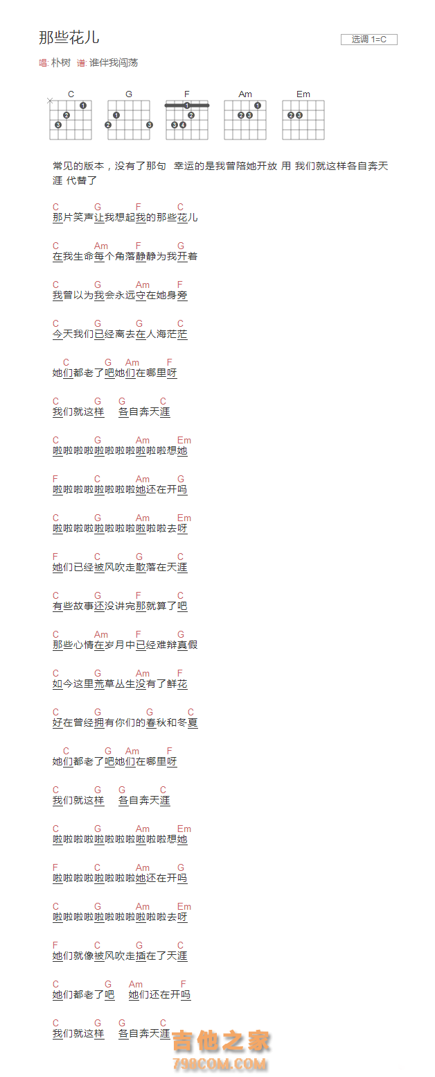 那些花儿吉他谱C调和弦版 朴树