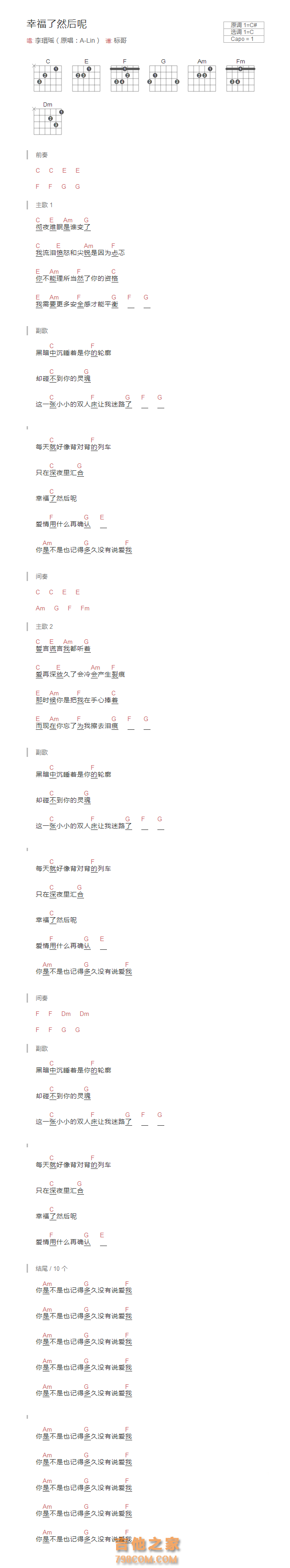 幸福了然后呢吉他谱和弦版 李瑨瑶