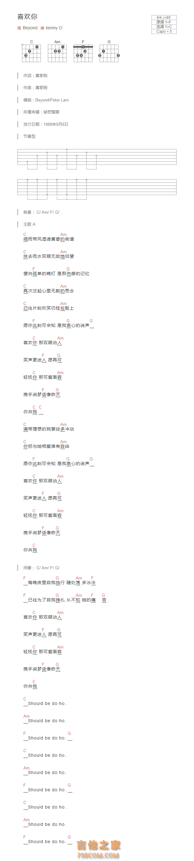 [经典歌曲]喜欢你吉他谱和弦版 Beyond