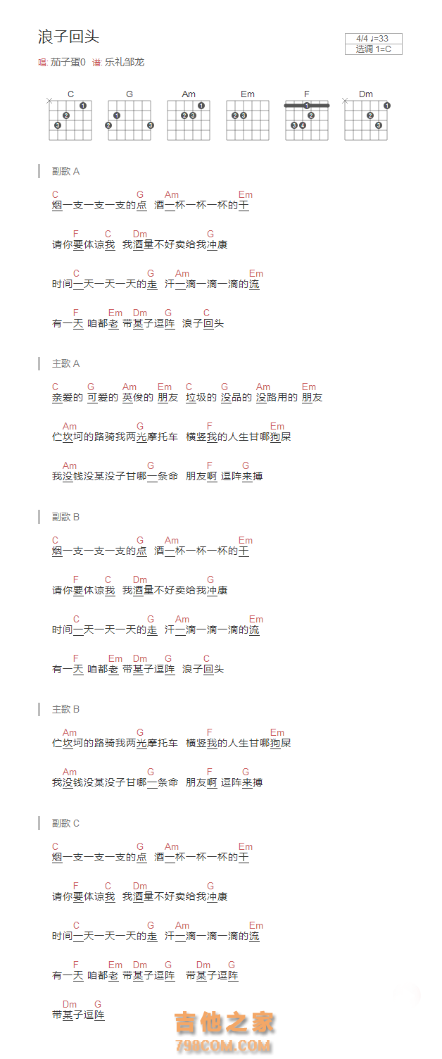 浪子回头吉他谱C调和弦版 茄子蛋