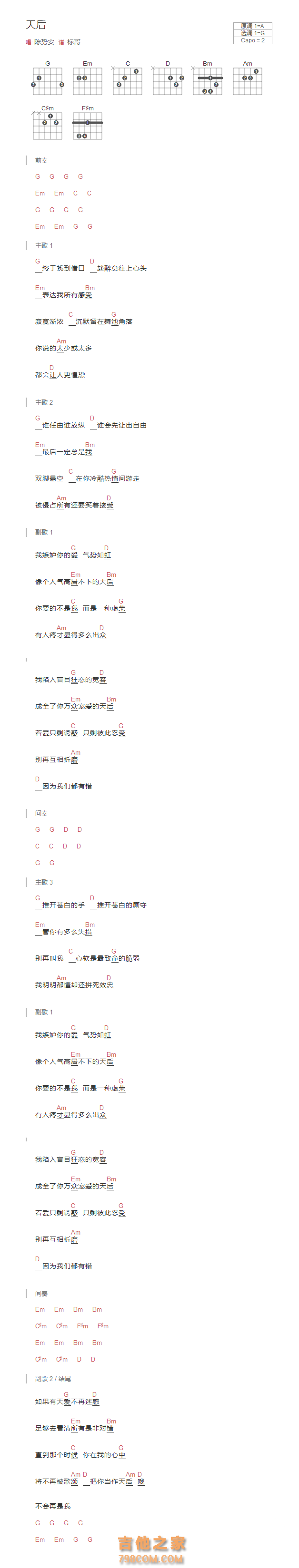 天后吉他谱和弦版 陈势安