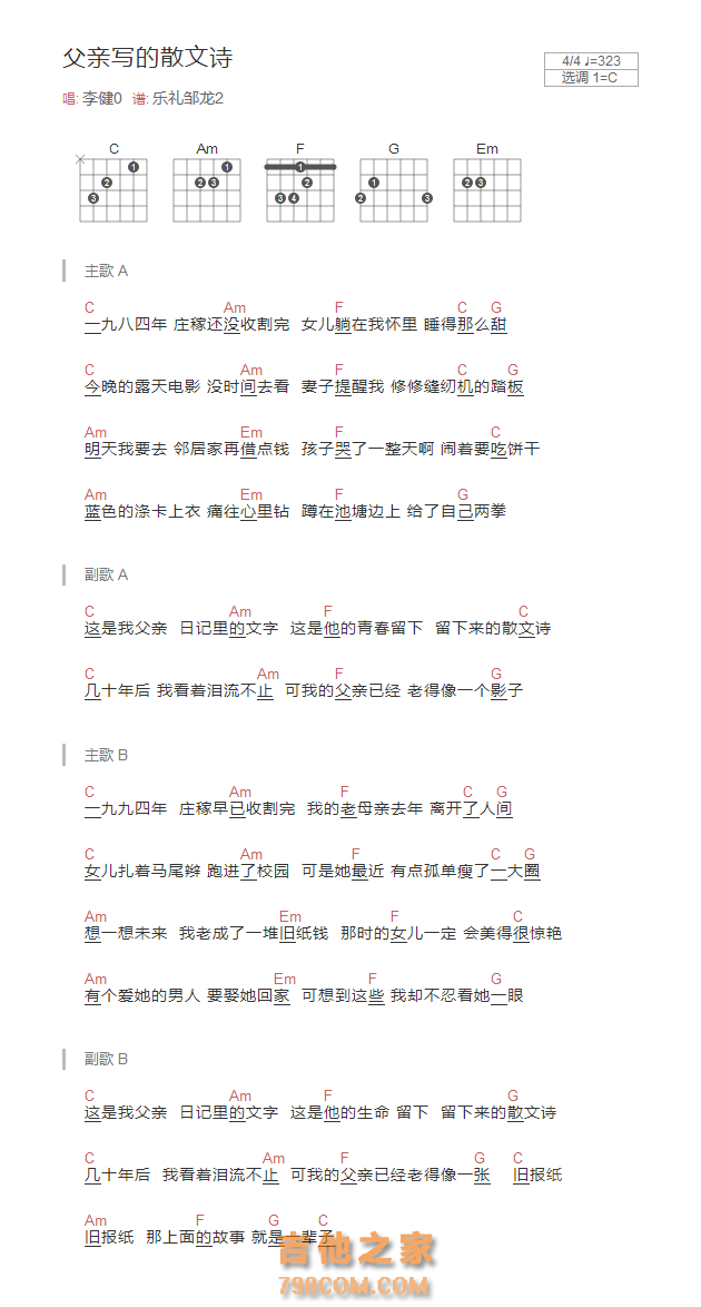 父亲写的散文诗吉他谱C调和弦版 李健