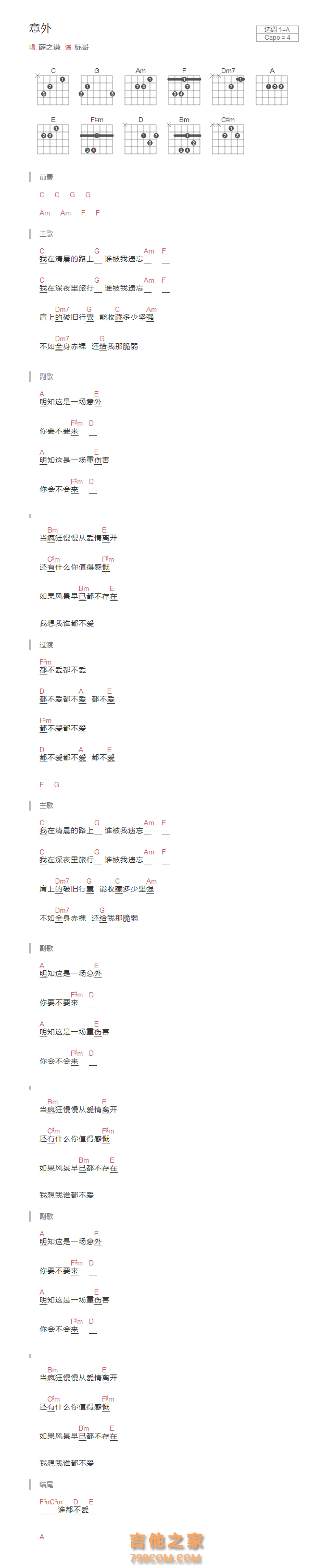 意外吉他谱A调和弦版 薛之谦