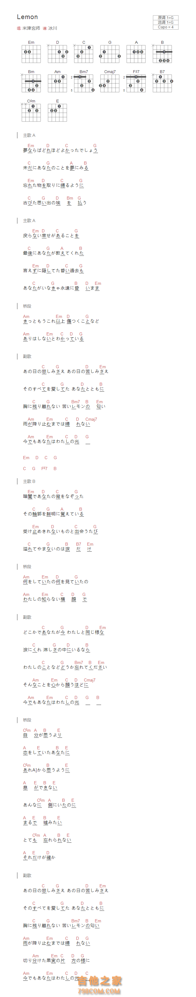  [非自然死亡主题曲]Lemon吉他谱G调和弦版 米津玄师