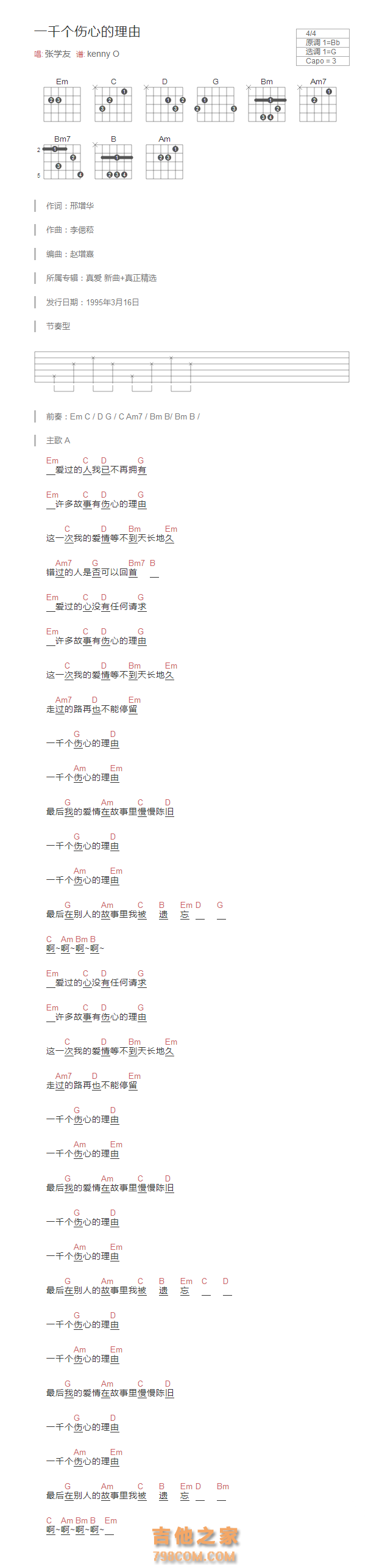 一千个伤心的理由吉他谱和弦版 张学友