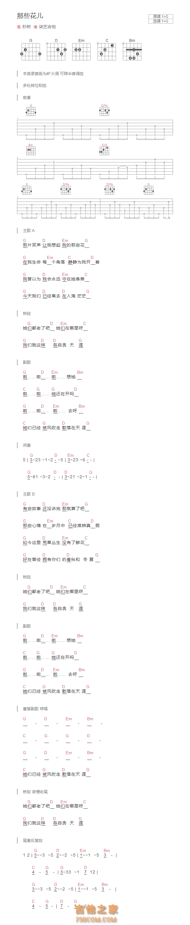 那些花儿吉他谱G调和弦版 朴树