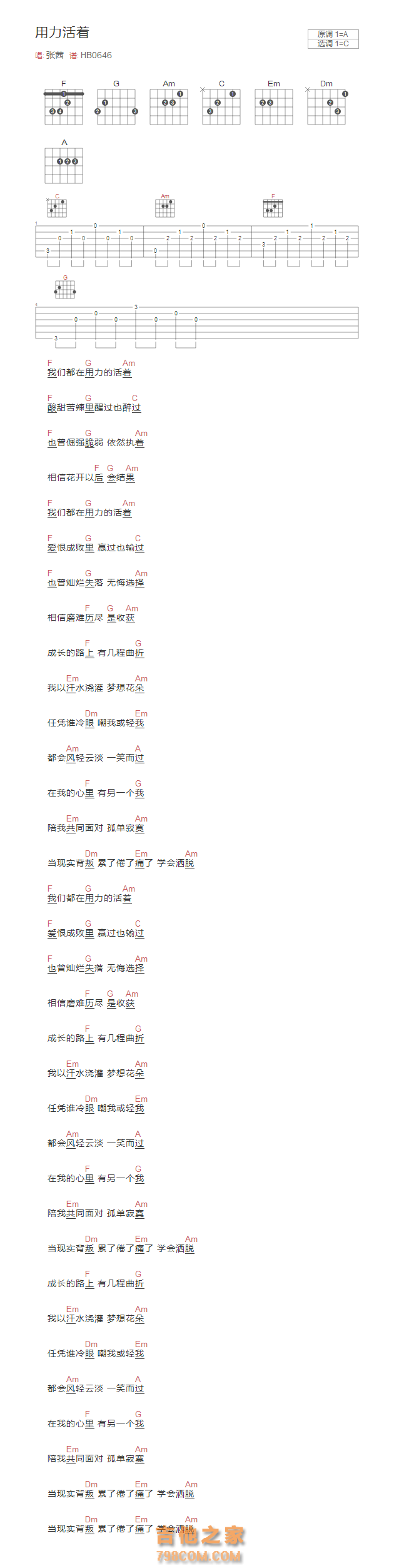 用力活着吉他谱和弦版 张茜