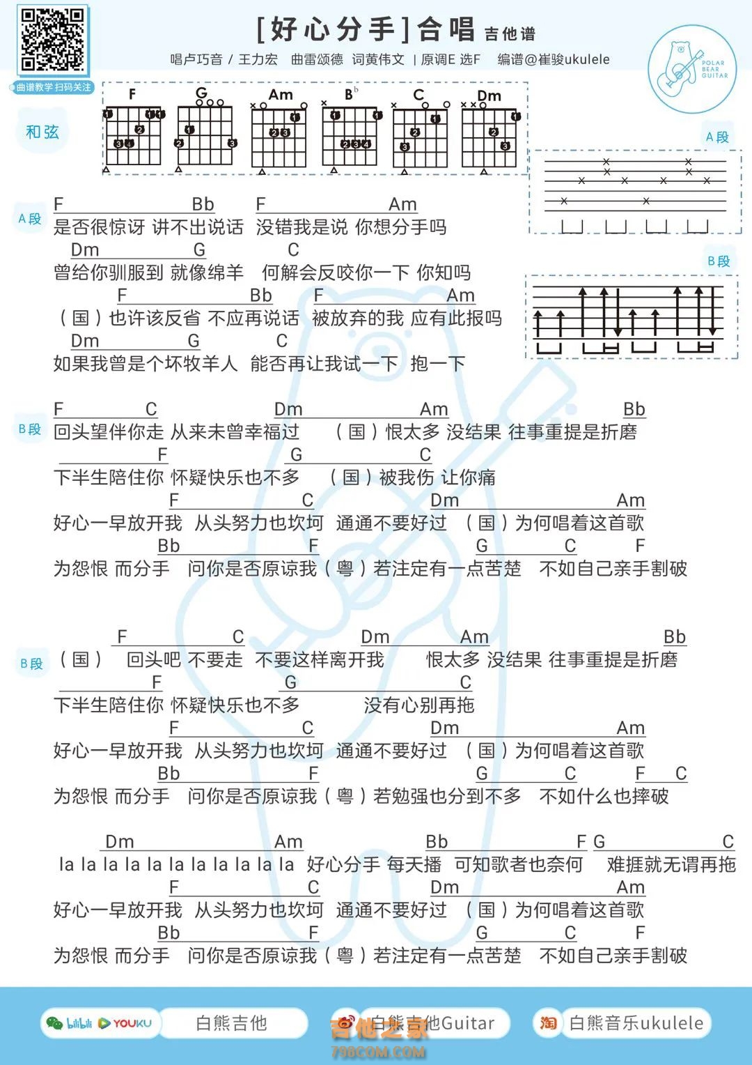[合唱版]卢巧音/王力宏《好心分手》吉他谱