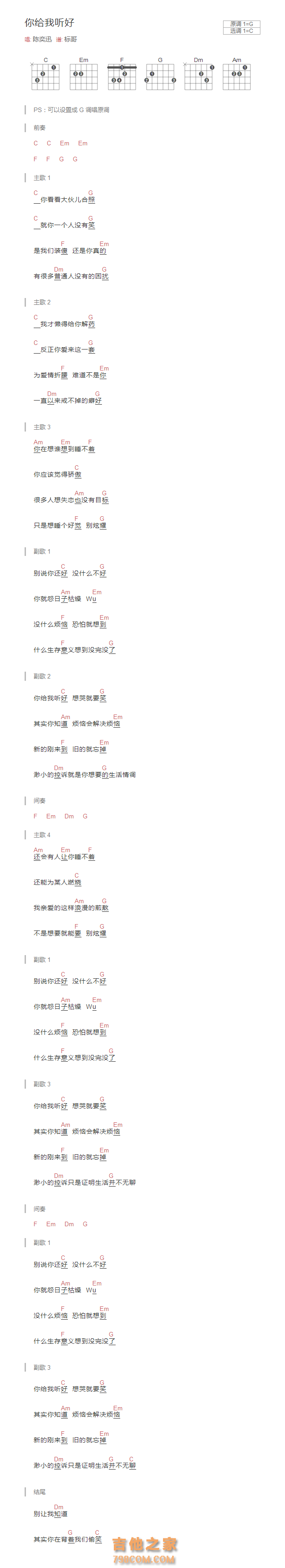 你给我听好吉他谱和弦版 陈奕迅