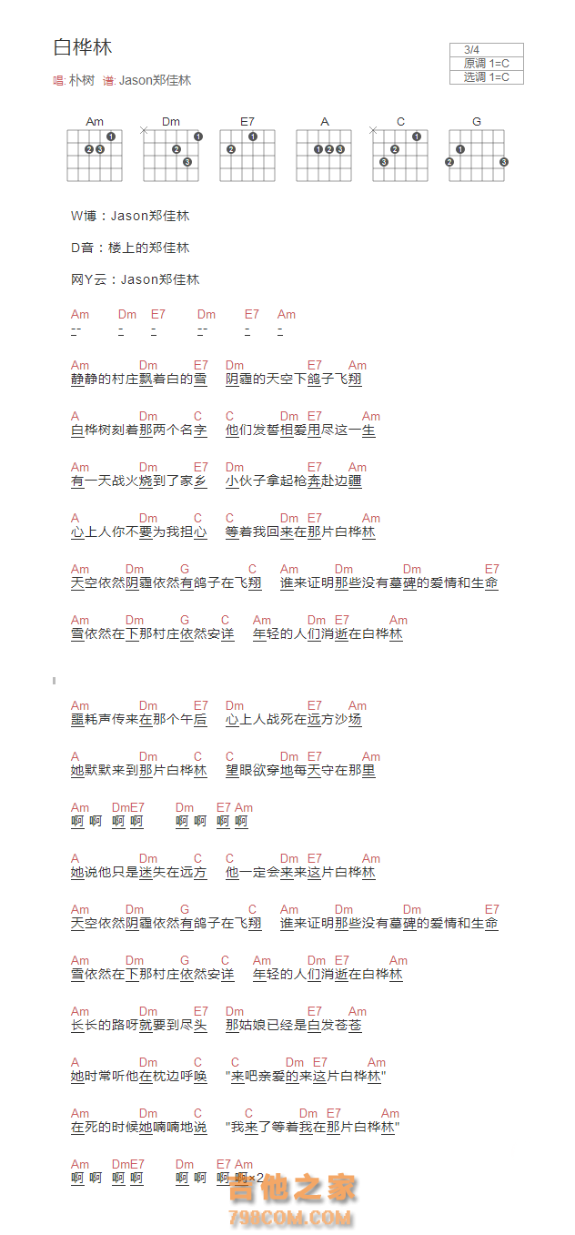 白桦林吉他谱C调和弦版 朴树