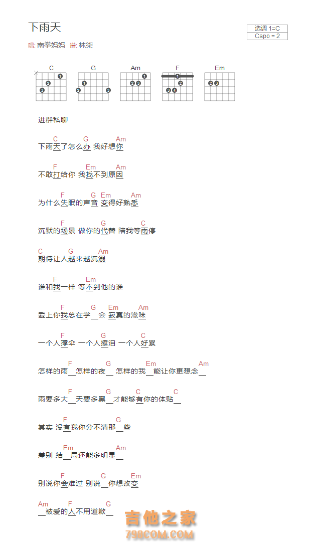 下雨天吉他谱和弦版 南拳妈妈