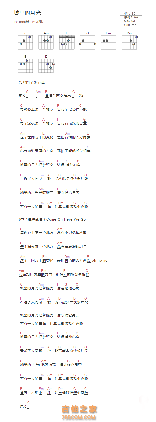 城里的月光吉他谱和弦版 Tank版