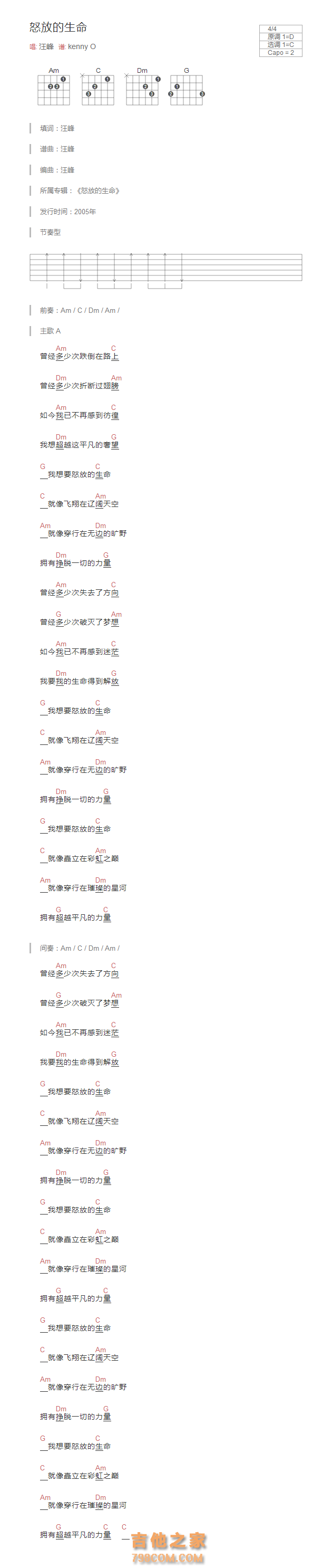 怒放的生命吉他谱和弦版 汪峰