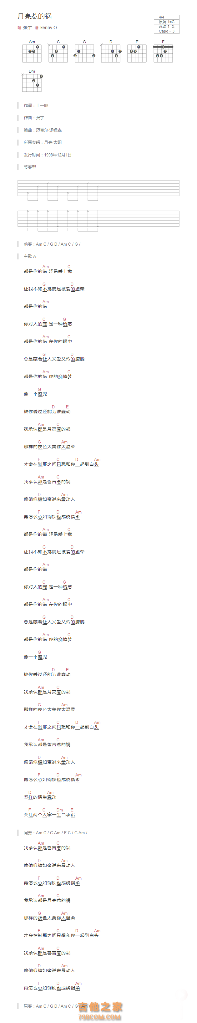 月亮惹的祸吉他谱G调和弦版 张宇