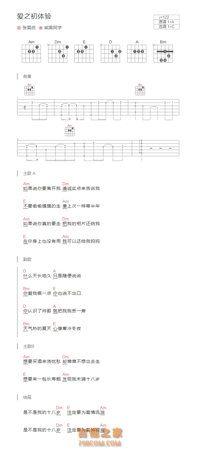 爱之初体验吉他谱和弦版 张震岳