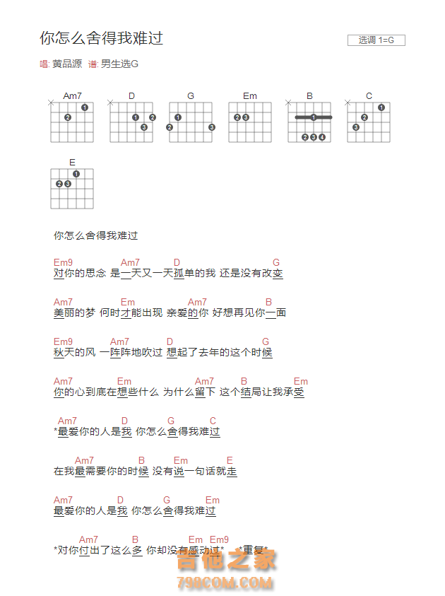 [男生版]你怎么舍得我难过吉他谱G调和弦版 黄品源