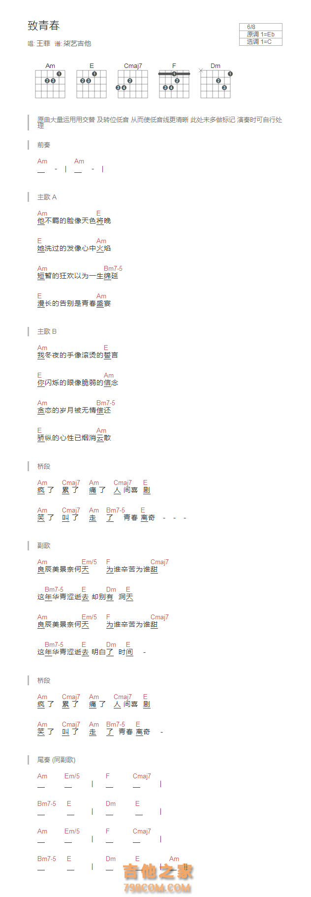 致青春吉他谱和弦版 王菲