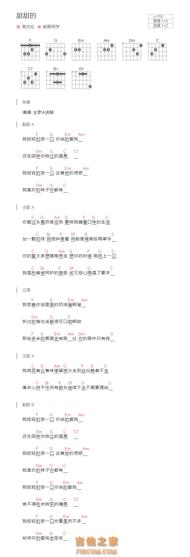 甜甜的吉他谱和弦版 周杰伦
