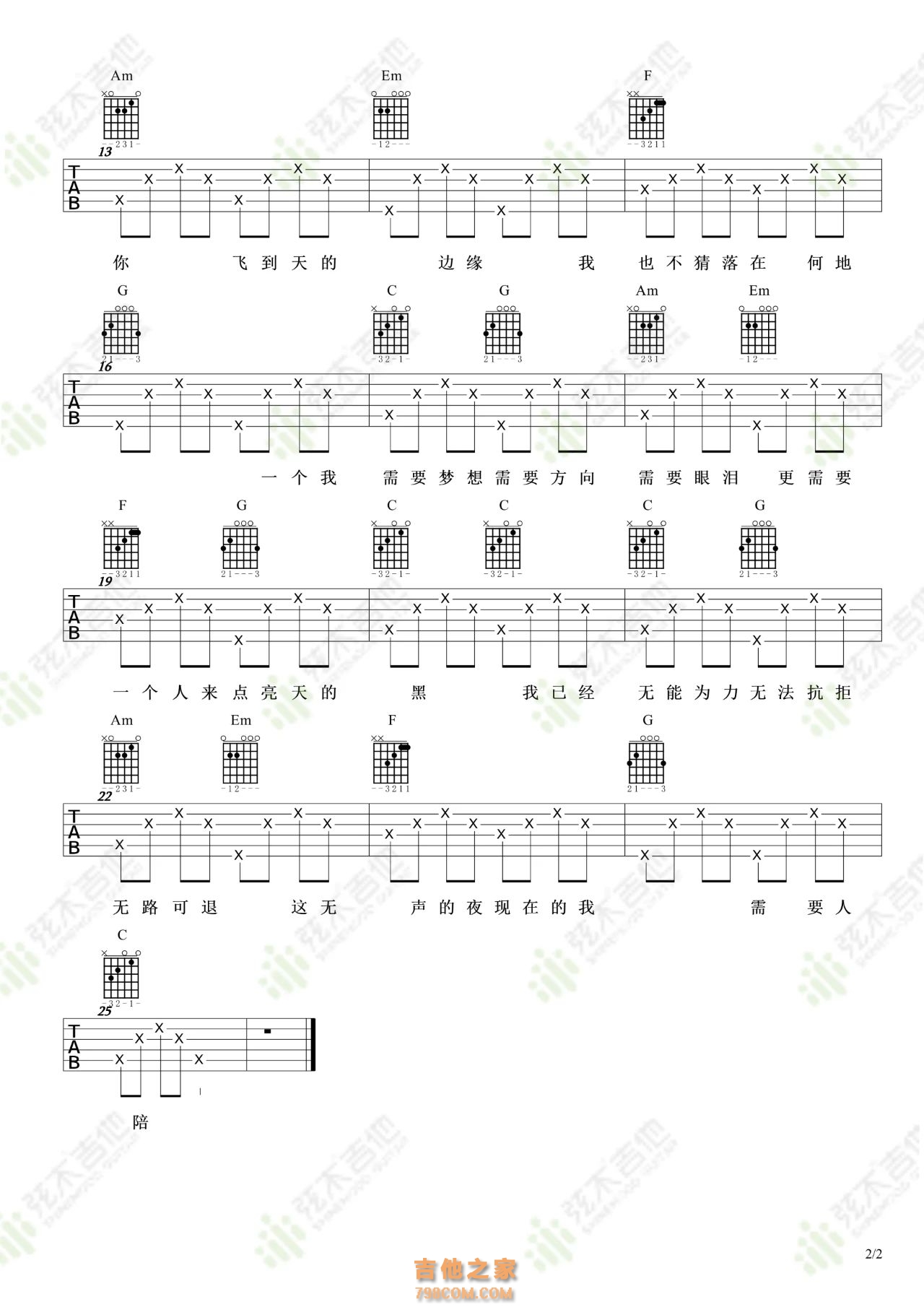 王力宏《需要人陪》吉他弹唱谱