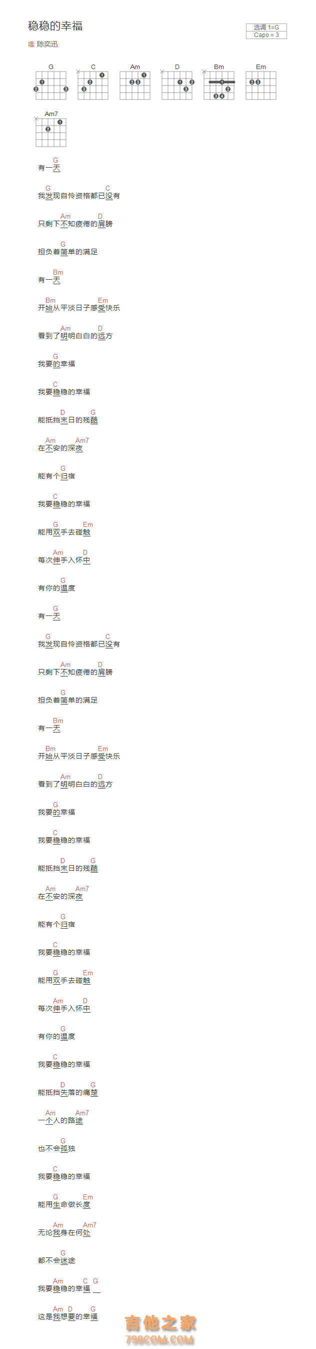 稳稳的幸福吉他谱G调和弦版 陈奕迅