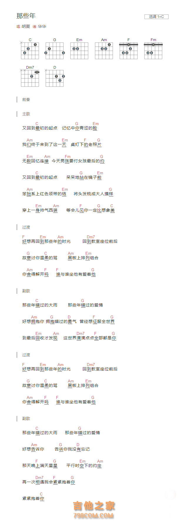 那些年吉他谱C调和弦版 胡夏