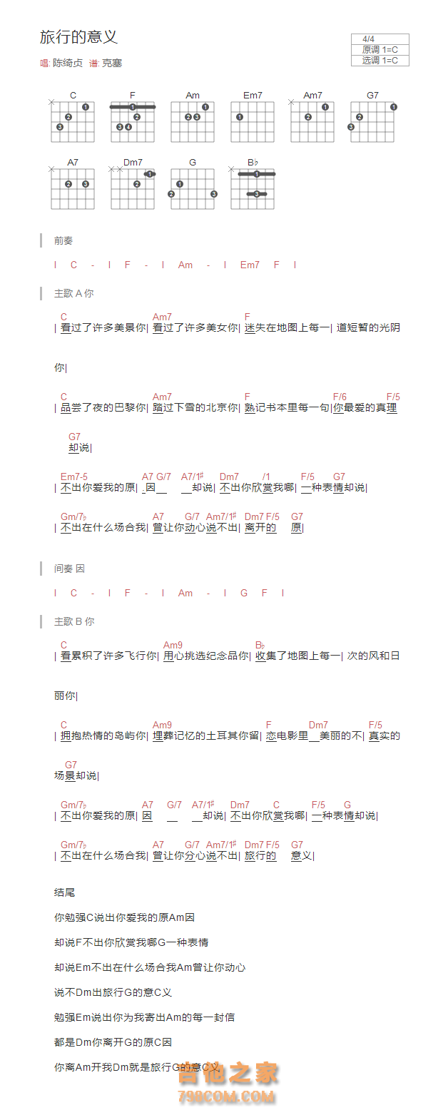 旅行的意义吉他谱C调和弦版 陈绮贞