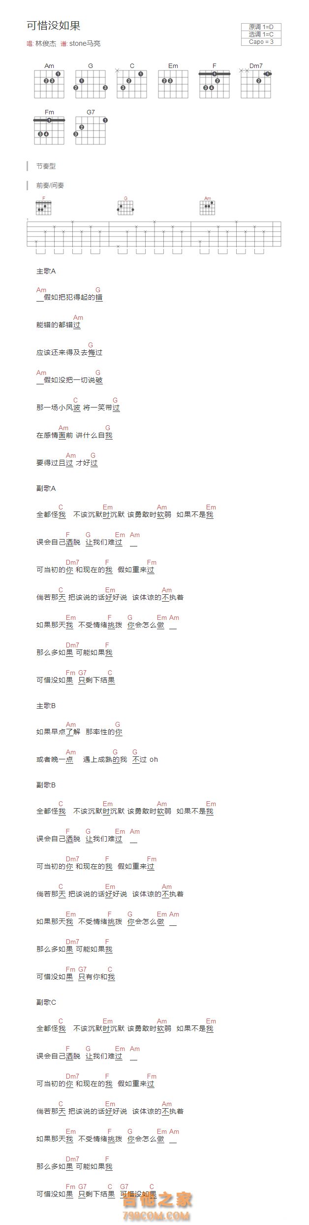 可惜没如果吉他谱和弦版 林俊杰