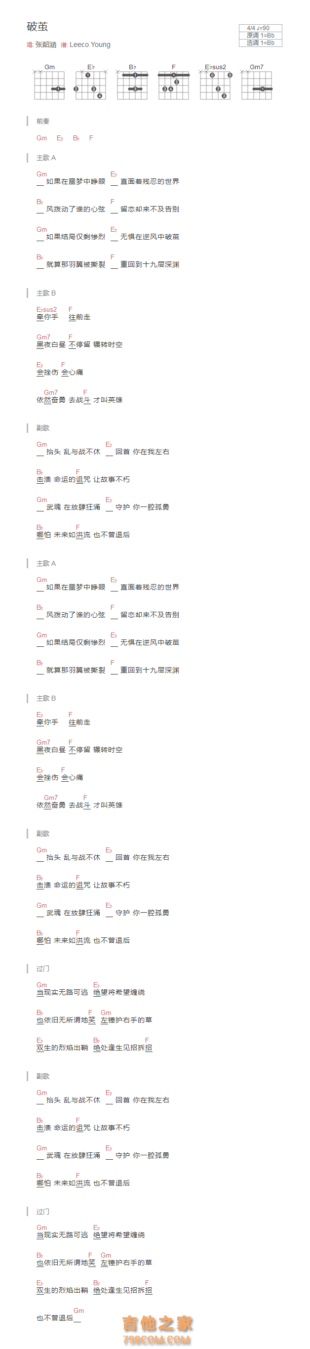 破茧吉他谱和弦版 张韶涵