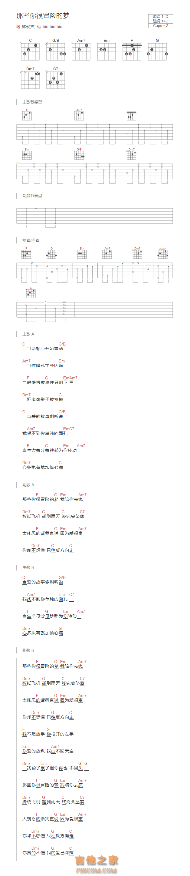 那些你很冒险的梦吉他谱和弦版 林俊杰