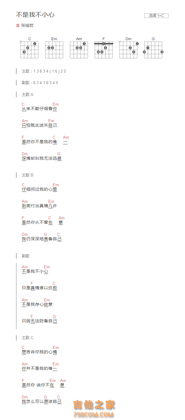 不是我不小心吉他谱C调和弦版 张镐哲