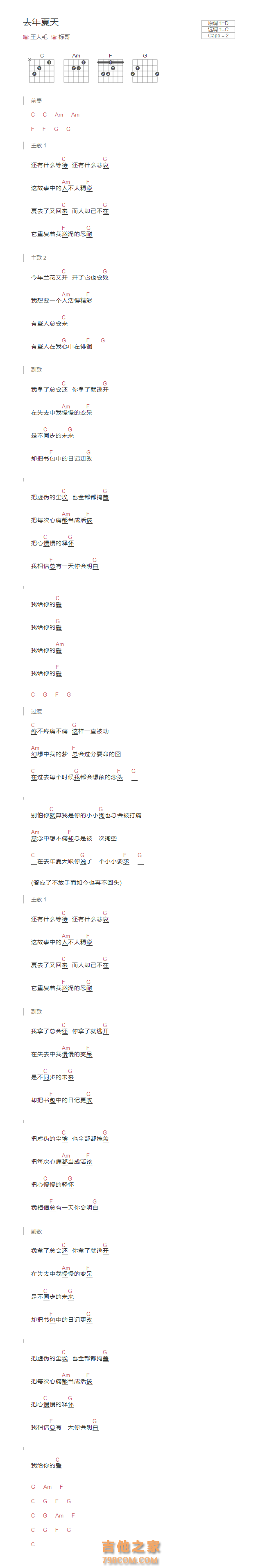 去年夏天吉他谱和弦版 王大毛