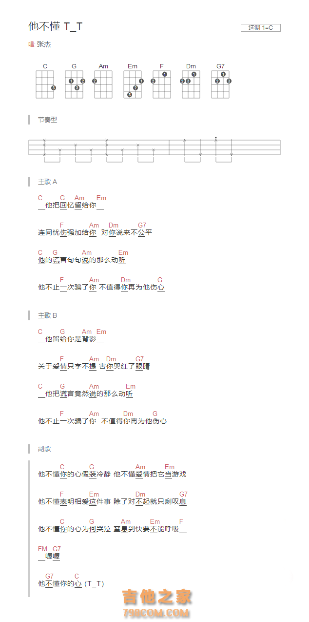 他不懂吉他谱C调和弦版 张杰