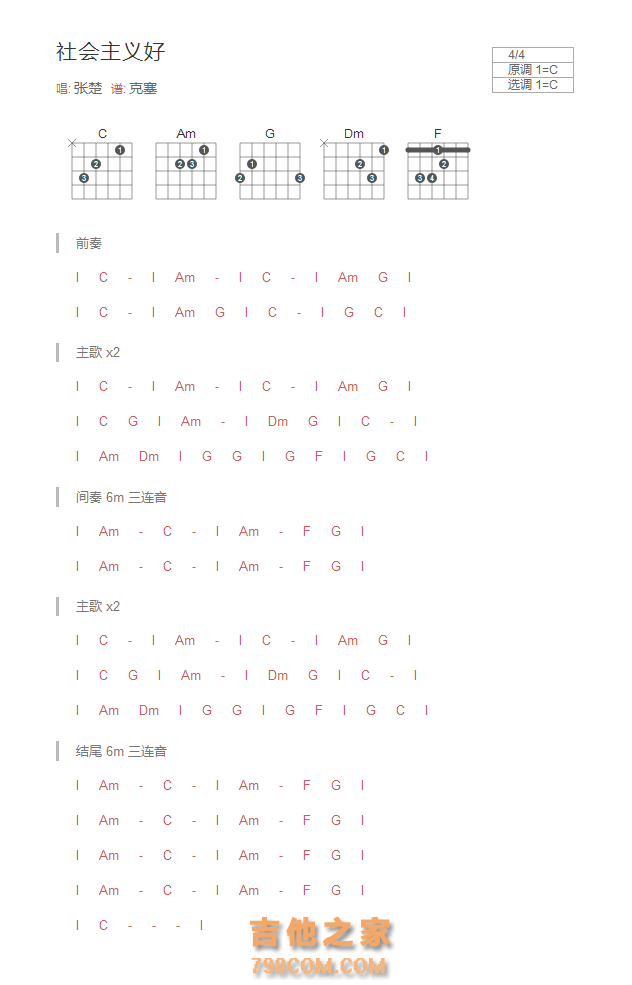 社会主义好吉他谱指弹和弦版 张楚