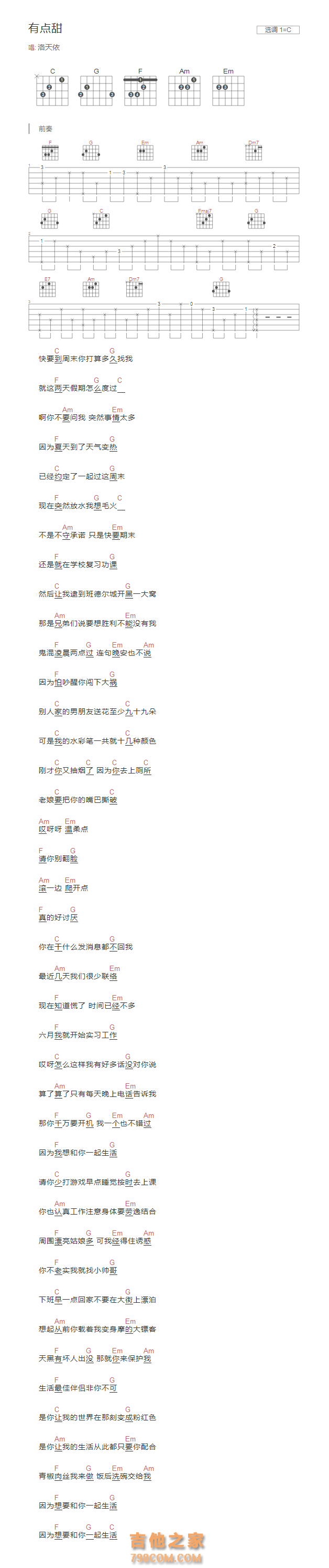 有点甜吉他谱C调和弦版 洛天依
