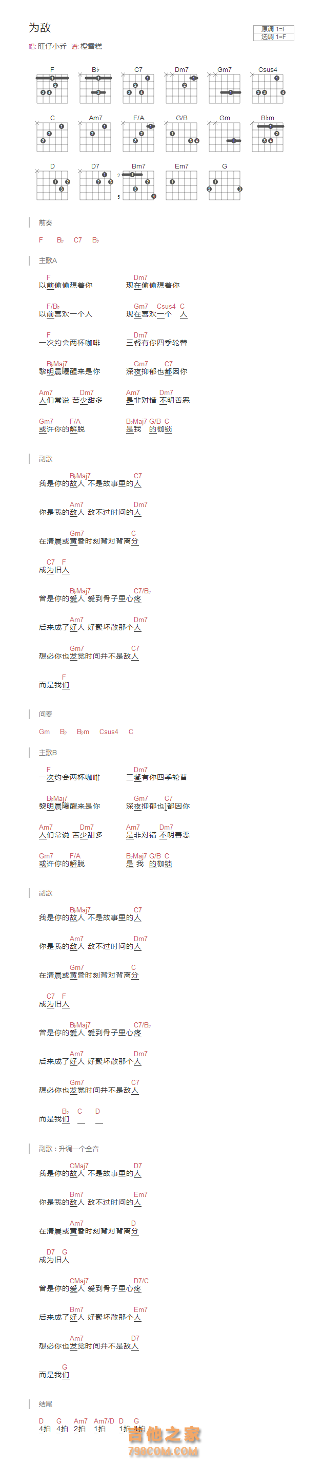 为敌吉他谱F调和弦版 旺仔小乔