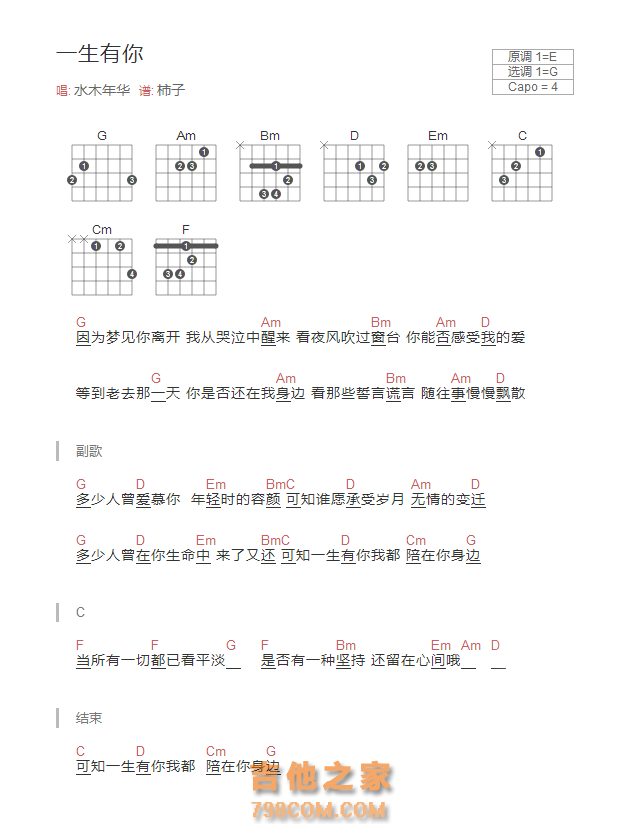 一生有你吉他谱和弦版 水木年华