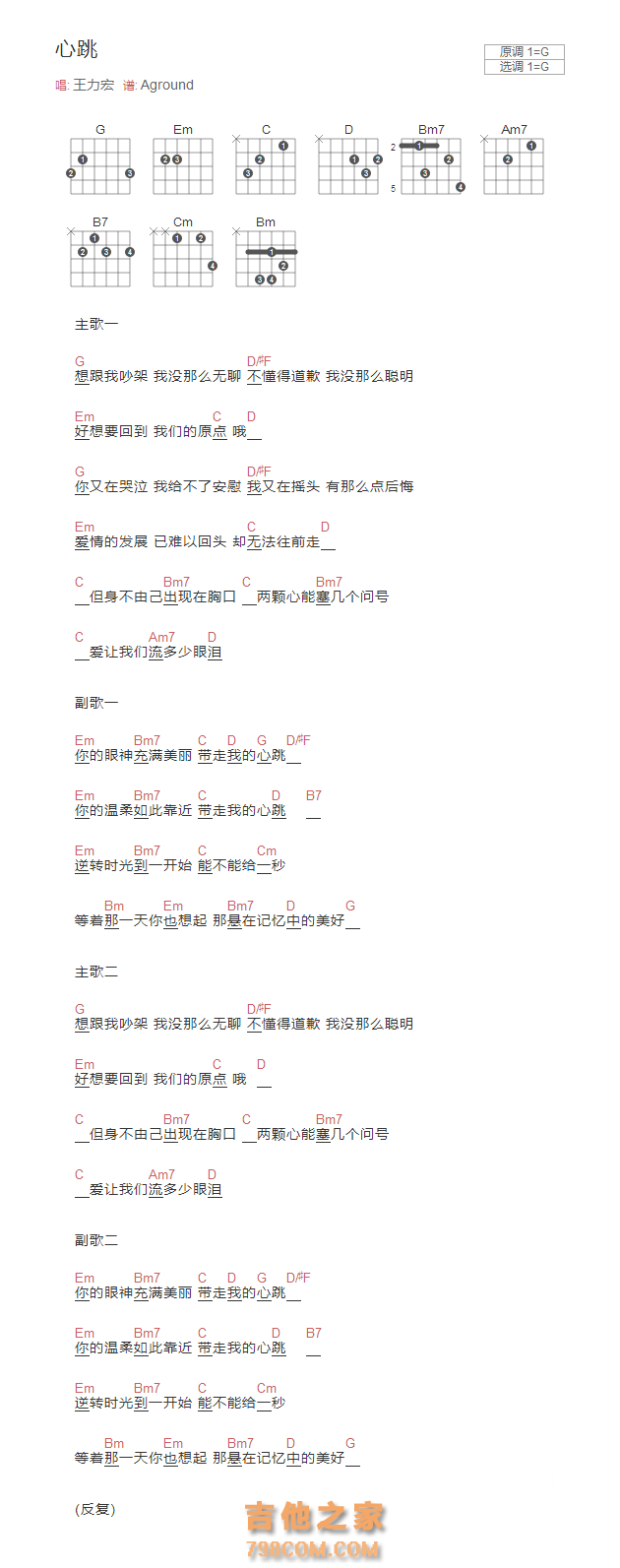 心跳吉他谱G调和弦版 王力宏