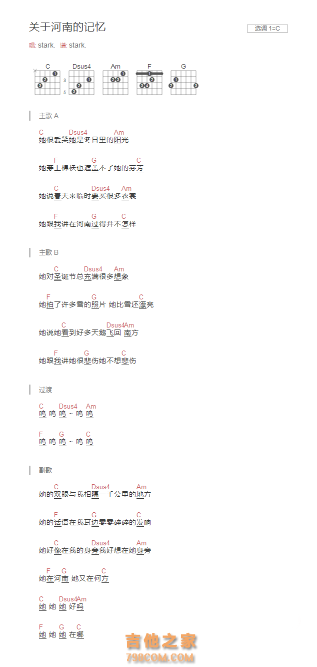 关于河南的记忆吉他谱C调和弦版