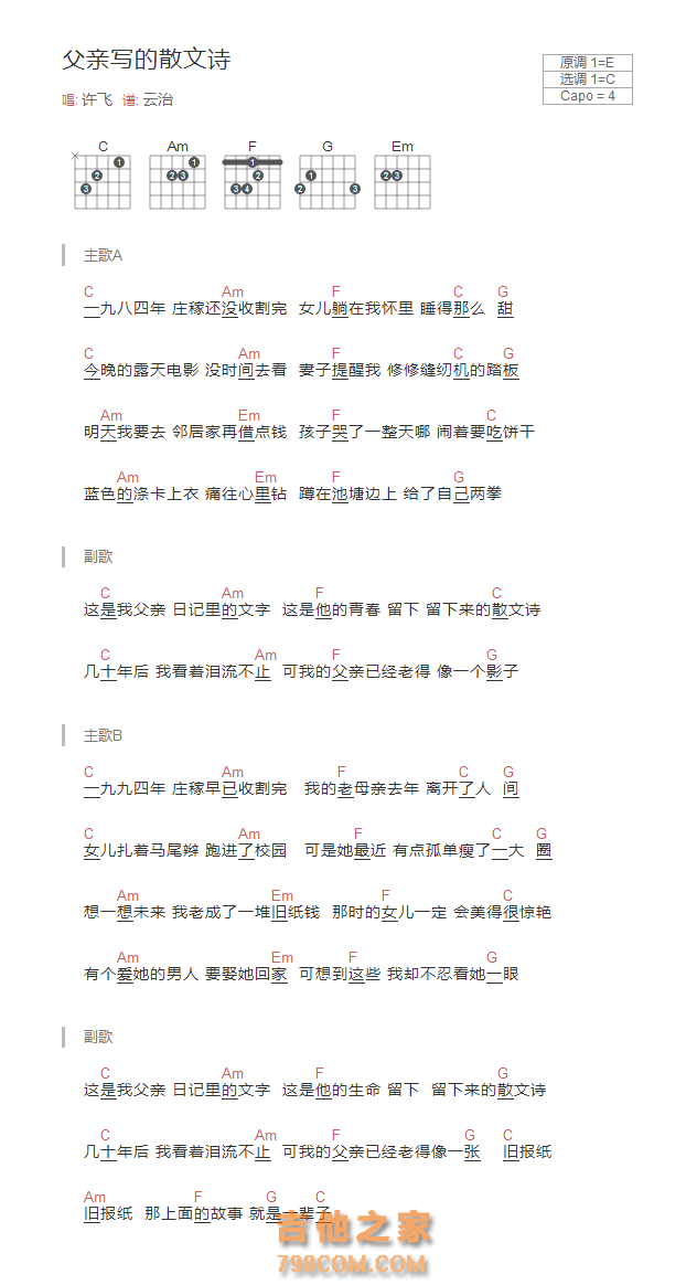 父亲写的散文诗吉他谱和弦版 许飞