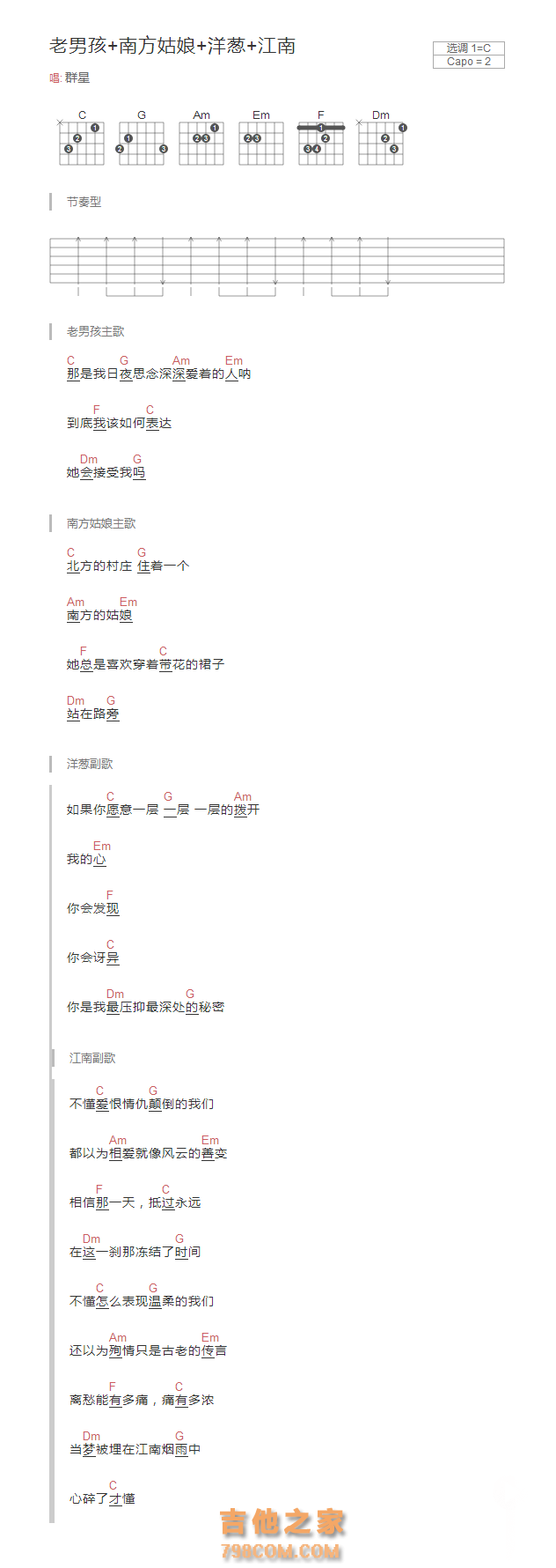 老男孩+南方姑娘+洋葱+江南吉他谱C调和弦版