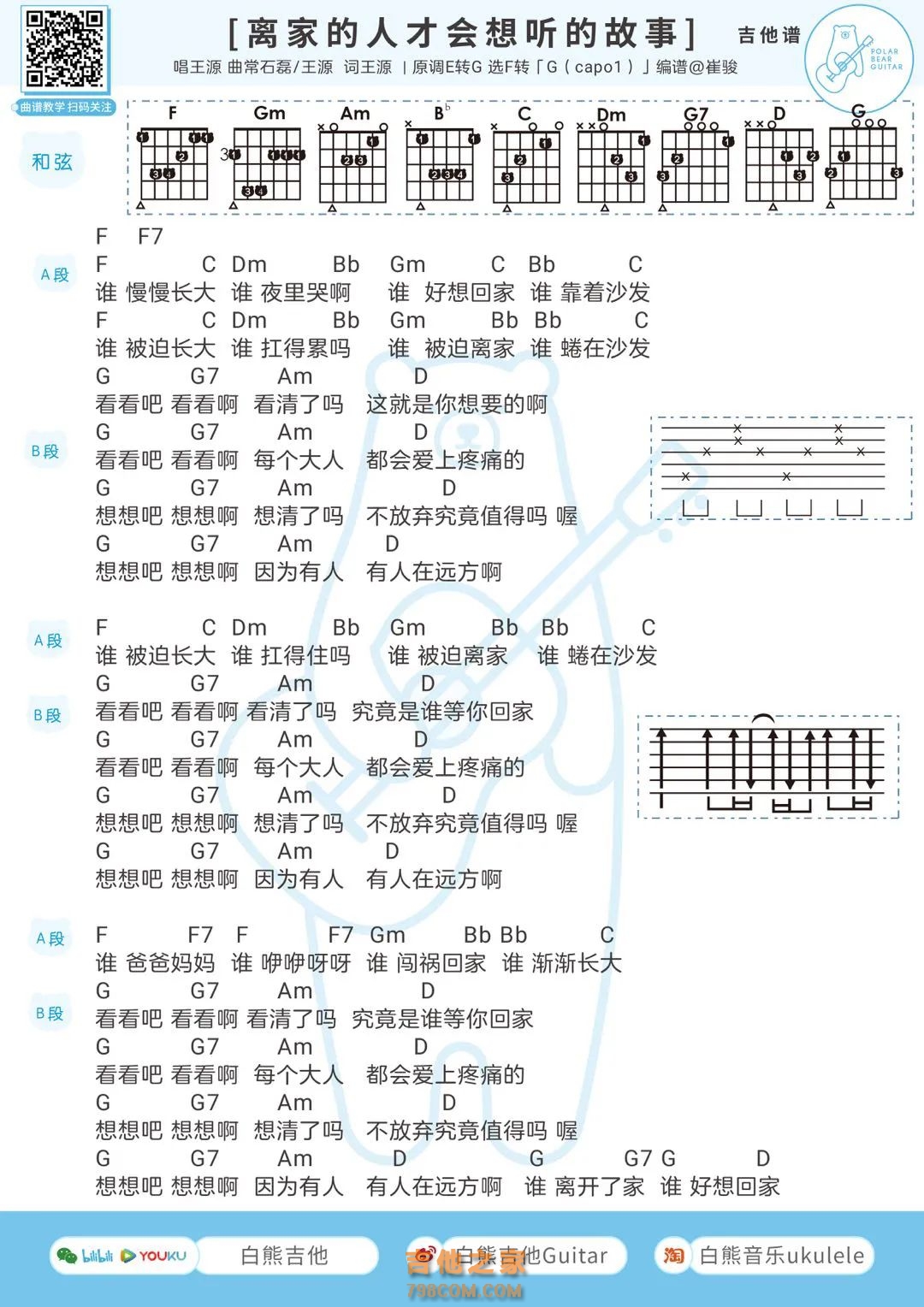 王源《离家的人才会想听的故事》吉他弹唱谱