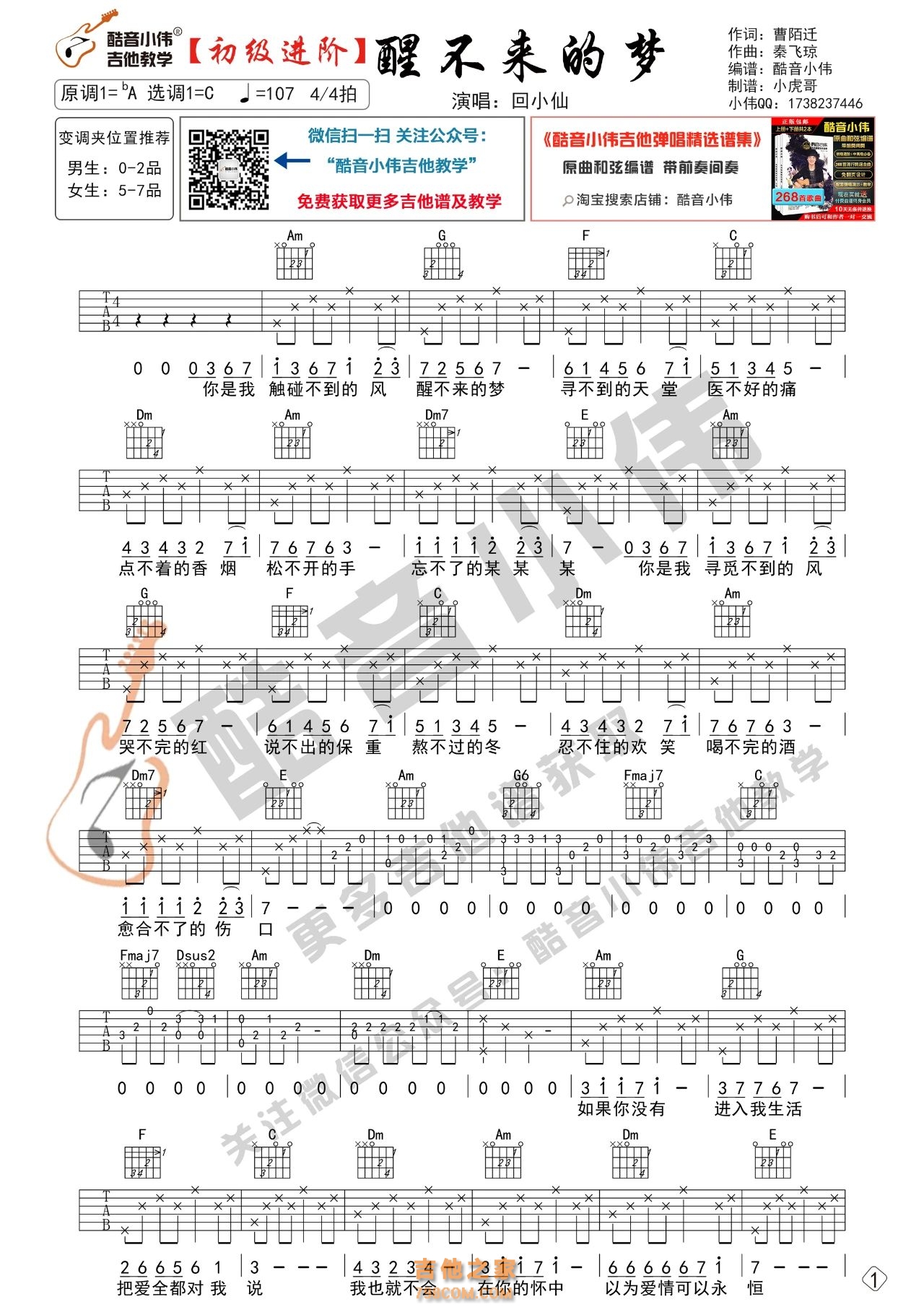 [初级进阶版]回小仙《醒不来的梦》吉他谱