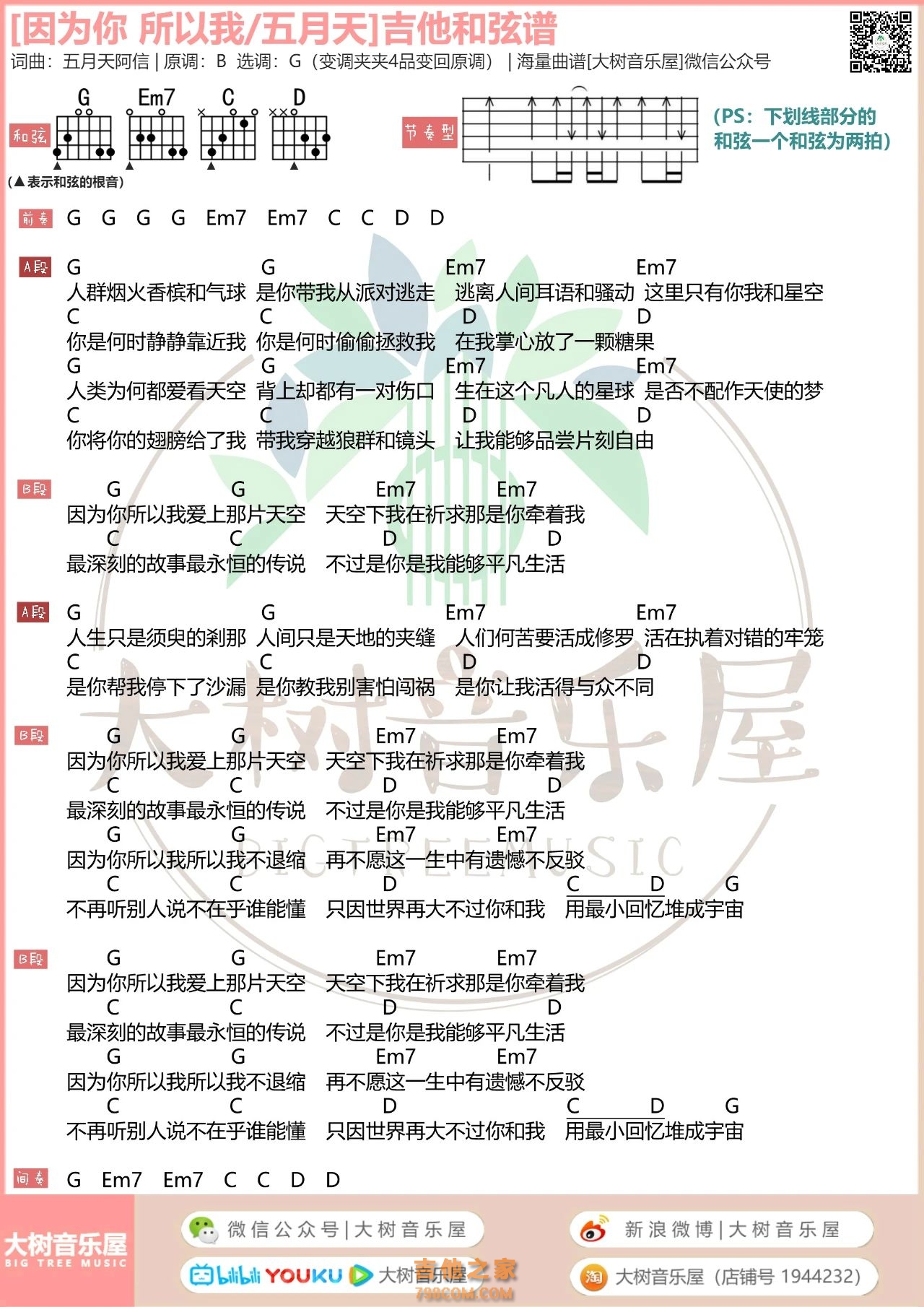 五月天《因为你 所以我》吉他弹唱谱