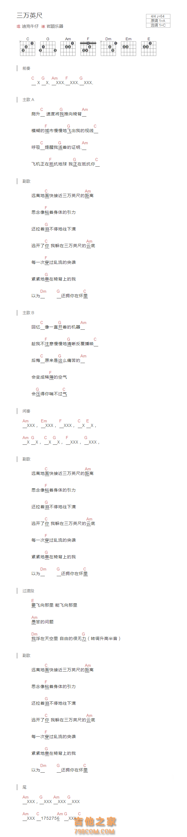 三万英尺吉他谱和弦版 迪克牛仔