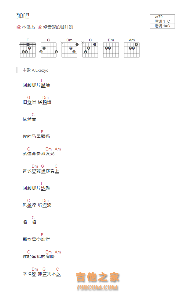 弹唱吉他谱C调和弦版 林俊杰